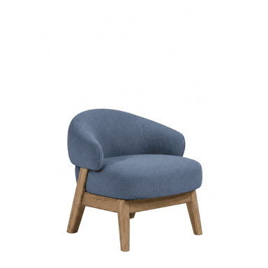 A single-seater chair featuring a rounded, continuous backrest and armrests, upholstered in a textured blue fabric, and supported by four splayed wooden legs. — 3D model (AI enhanced source)
