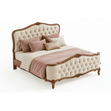 A traditional style bed featuring an ornate carved wooden frame in a medium brown finish, paired with cream-colored button-tufted upholstery on both the headboard and footboard. The headboard and footboard exhibit elegant curves and decorative scrollwork. The bed includes a mattress and bedding in shades of cream, pink, and beige. — 3D model (AI enhanced source)