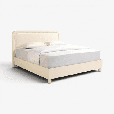 A modern low-profile upholstered platform bed featuring an off-white/cream fabric, a soft-edged headboard, and minimalist design. — 3D model (AI enhanced source)