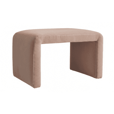A contemporary U-shaped ottoman, fully upholstered in a light taupe velvet-like fabric. The design features soft, rounded edges along the top and where the seat meets the side panels, creating a seamless, monolithic form. The piece rests directly on the floor with no visible legs, emphasizing its continuous, flowing silhouette. The upholstery appears taut and well-finished, suggesting a high-quality construction. — 3D model (AI enhanced source)