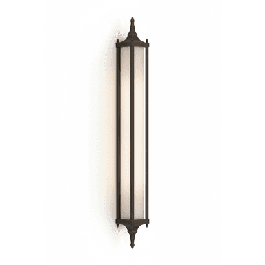 A tall, rectangular wall-mounted light fixture, featuring a dark bronze-finished metal frame and a frosted light diffuser panel. The frame is accented with decorative finials at the top and bottom, giving it a traditional or gothic aesthetic. — 3D model (AI enhanced source)