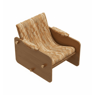 A mid-century modern style lounge chair featuring a sturdy wooden frame and a comfortable, curved upholstered cushion. The frame consists of solid, flat wooden panels, and the cushion is adorned with a woven, patterned fabric in warm, earthy tones. Brass pins are visible on the side panels, suggesting how the cushion is secured. — 3D model (AI enhanced source)