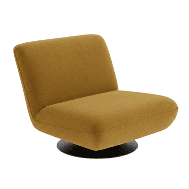 An armless, upholstered lounge chair featuring a deep golden yellow fabric and a minimalist black swivel base. The chair exhibits a contemporary design with a low profile. — 3D model (AI enhanced source)