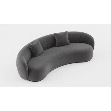 A curved, modern sofa upholstered in a dark grey, plush fabric. The sofa features a continuous, rounded backrest that extends into armrests on either side. The seat is also curved to follow the overall shape. Two matching square throw pillows are placed on the seat. The design is minimalist with subtle vertical tufting on the backrest. — 3D model (AI enhanced source)