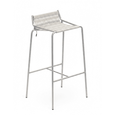 A contemporary bar stool with a minimalist design, featuring a slender metal frame and a woven seat and backrest. The frame is constructed from tubular metal, providing a stable base with four splayed legs connected by crossbars for added rigidity. The seat and backrest are formed from a durable, tightly woven cord or rope in a light, neutral color, creating a textured surface. — 3D model (AI enhanced source)