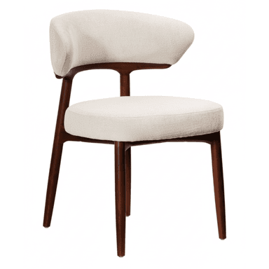 A contemporary dining chair featuring a dark brown wooden frame and light cream-colored textured fabric upholstery. The chair has a distinctive curved, open backrest that wraps around slightly, providing a subtle armrest effect. The seat is fully upholstered, and the four legs are tapered, contributing to a sleek silhouette. — 3D model (AI enhanced source)