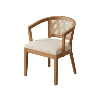 A modern wooden dining armchair with a curved cane backrest and an upholstered fabric seat. — 3D model (AI enhanced source)