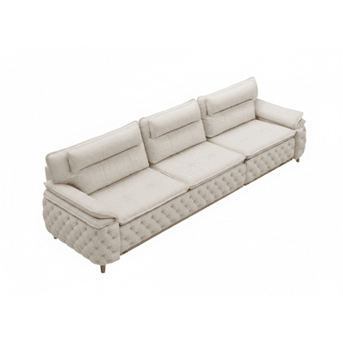 A long, contemporary three-seater sofa featuring a light, neutral-colored fabric upholstery, characterized by deep button tufting on its lower body and arms. The sofa is composed of three individual seat cushions and three segmented back cushions, which appear to function as adjustable headrests. It rests on a visible wooden base with tapered wooden legs. — 3D model (AI enhanced source)