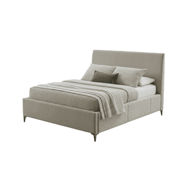 A contemporary upholstered platform bed featuring a soft, neutral-colored fabric. The bed includes a padded, integrated headboard that rises vertically with clean lines. The bed frame is also fully upholstered, creating a seamless and cohesive look. It stands on small, tapered legs, giving it a slightly elevated stance. The design is minimalist and modern, suitable for various bedroom aesthetics. — 3D model (AI enhanced source)