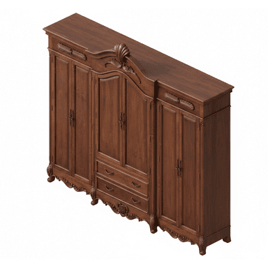 Large, ornate wooden cabinet with multiple doors, drawers, and intricate carvings. — 3D model (AI enhanced source)
