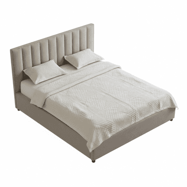 A modern upholstered platform bed featuring a tall headboard with vertical channel tufting. The entire bed frame, including the headboard and side rails, is covered in a neutral-toned fabric, likely beige or light gray. The bed is presented with a white mattress, two matching pillows, and a textured white duvet/quilt. It has a low-profile design, sitting on small, recessed feet. — 3D model (AI enhanced source)