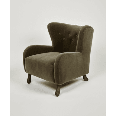 An upholstered wingback armchair featuring a high backrest with button tufting, gently rolled arms, and short, turned wooden legs. The chair is covered in a plush, textured fabric, possibly velvet or chenille, in an olive green hue. The overall design suggests a traditional or classic aesthetic. — 3D model (AI enhanced source)