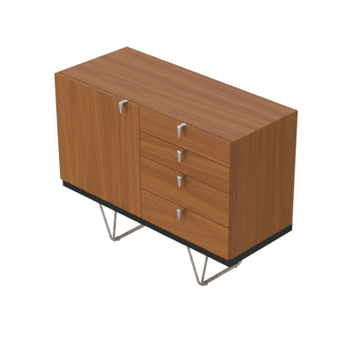 A mid-century modern style cabinet with a wood grain finish. It features a single door on the left and four drawers on the right, each with silver-toned metal pull handles. The cabinet is supported by angled metal legs, giving it a floating appearance. — 3D model (AI enhanced source)