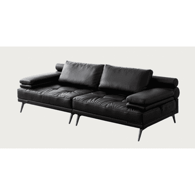 A modern black leather two-seater sofa featuring plush back cushions, slightly tufted seat cushions, and distinctive rolled or cylindrical armrests. The sofa is supported by slender, angled metal legs. — 3D model (AI enhanced source)