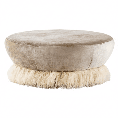 A round ottoman with a plush, velvety texture on its upper surface and sides. The base of the ottoman is adorned with a thick fringe of shaggy, cream-colored material, possibly faux fur or natural fibers. The overall form is bulbous and inviting, with a distinct separation between the upholstered top and the fringed base. — 3D model (AI enhanced source)