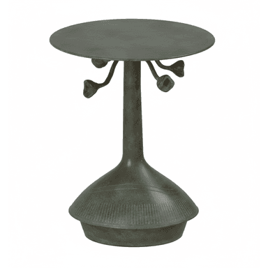 A small, round, pedestal accent table crafted from patinated bronze, featuring a distinctive single column base and organic, botanical-inspired elements beneath the tabletop. — 3D model (AI enhanced source)