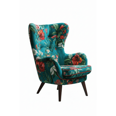 A vibrant wingback armchair featuring a teal background with an elaborate tropical floral pattern, upholstered in a rich fabric. The chair has prominent wings, a button-tufted backrest, and a single seat cushion. It is supported by four dark, tapered wooden legs. Red piping outlines the edges of the cushions and the chair's structure, adding a defined contrast to the colorful upholstery. — 3D model (AI enhanced source)