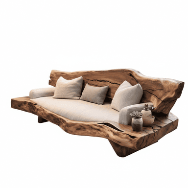 A unique, organically shaped sofa featuring a live-edge natural wood frame, likely from a single large slab, with prominent grain patterns, knots, and natural imperfections. It is fitted with light beige upholstered cushions for the seat and backrest. One end of the wooden frame extends to form a flat, integrated side table, showcasing the raw, natural aesthetic of the wood. Small decorative plants adorn the table surface. The design emphasizes a connection to nature and rustic charm. — 3D model (AI enhanced source)
