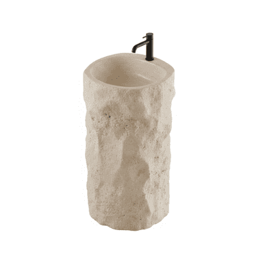 A tall, freestanding pedestal sink made from light-colored, rough-hewn natural stone, featuring an integrated basin and a modern matte black faucet. — 3D model (AI enhanced source)