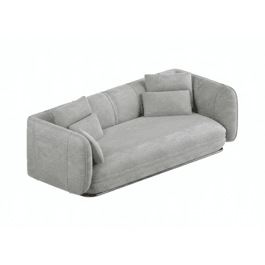 A contemporary light gray sofa with a low profile and rounded arms. The sofa features channel tufting on the back and seat cushions, and comes with two matching throw pillows. It is supported by a thin, polished metal base. — 3D model (AI enhanced source)