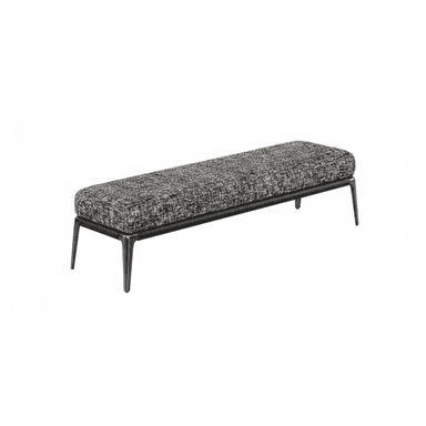 A modern upholstered bench featuring a rectangular, padded seat covered in a textured grey and black fabric. The bench is supported by a minimalist, dark-finished metal frame with sleek, tapered legs. Its design emphasizes clean lines and a contemporary aesthetic. — 3D model (AI enhanced source)