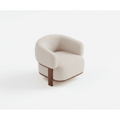 A modern armchair featuring a curved, enveloping tub-style silhouette. It is upholstered in a textured, light cream or off-white boucle fabric. The upholstered body sits atop a distinctive exposed dark wood base, which also forms the short, sturdy legs. The design combines soft, rounded forms with clean lines from the wooden elements, creating a sculptural and inviting piece. — 3D model (AI enhanced source)