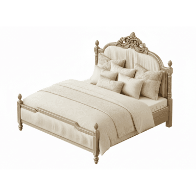 A luxurious and ornate bed featuring a carved wooden frame with a champagne finish, and pleated upholstered panels on both the headboard and footboard. The headboard is topped with elaborate scrollwork and floral motifs. — 3D model (AI enhanced source)