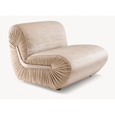 A plush, armless lounge chair upholstered in a light, neutral-toned velvet fabric. The back and front lower half feature a distinctive pleated or gathered design, cinched by a curved, smooth band along the sides, giving it a sculptural and elegant appearance. The chair rests on small, recessed feet. — 3D model (AI enhanced source)