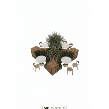 A modular booth seating arrangement with integrated tables and chairs, designed around a central planter with a tree. The booths feature plush, dark green upholstery and are framed by rich, dark wood paneling. The tables have white marble tops and textured bases. Several individual chairs with wooden frames and fabric seats are placed around the booth. — 3D model (AI enhanced source)