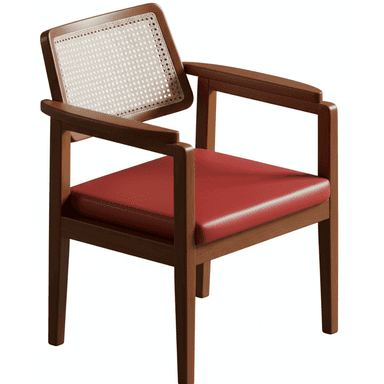 A contemporary armchair featuring a solid dark wood frame, a caned backrest, and a red upholstered seat cushion. — 3D model (AI enhanced source)