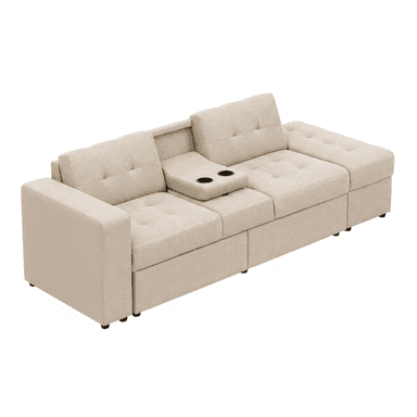 A light beige, modular sectional sofa composed of multiple units, including a console with two cup holders. The sofa features tufted seat and back cushions, track arms on one end, and low-profile dark feet. The upholstery appears to be a textured fabric. — 3D model (AI enhanced source)