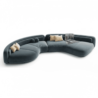 A contemporary modular sectional sofa featuring a distinct curvilinear and organic shape, upholstered in a dark teal fabric. The sofa comprises multiple units that connect to form an expansive, flowing seating arrangement with integrated low backrests and armrests. It is accessorized with decorative throw pillows and a striped throw blanket. — 3D model (AI enhanced source)