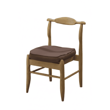 A light-colored wooden dining chair with a slightly curved backrest and a padded seat. The chair features four tapered legs, a stretcher between the front and back legs on each side, and a contoured back support. The seat cushion is upholstered in a dark brown fabric. — 3D model (AI enhanced source)