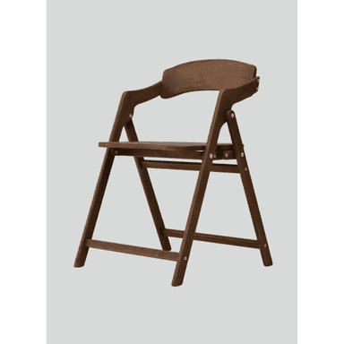 A dark brown wooden folding armchair, designed for compact storage and temporary seating. It features a simple, functional aesthetic with a curved backrest and integrated armrests. — 3D model (AI enhanced source)