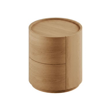 A modern, cylindrical nightstand or accent cabinet crafted from light-toned oak wood, featuring two integrated drawers and a tray-like top. — 3D model (AI enhanced source)