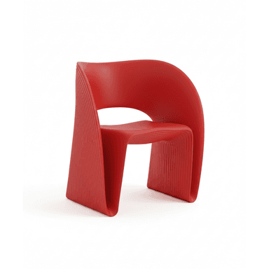 A vibrant red, contemporary armless chair featuring a sculptural, monobloc design. The surface has a subtle ribbed texture, enhancing its modern aesthetic. Its unique form creates a continuous backrest and seat, flowing into sturdy supports. — 3D model (AI enhanced source)