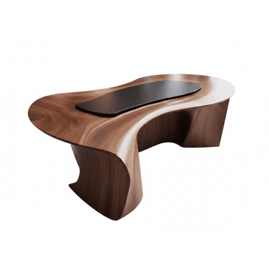An organically shaped desk with a dark inset surface and a flowing wooden base. The desk features a biomorphic design, where the base curves and undulates, creating a sculptural form. The primary surface appears to be made of wood with a visible grain, and it has a recessed area with a matte black insert, possibly for electronic devices or as a contrasting aesthetic element. The overall form suggests a modern and artistic piece of furniture. — 3D model (AI enhanced source)
