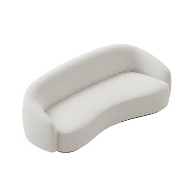 A modern, light-colored sofa featuring a distinctive S-curve or wave-like silhouette. It is upholstered in a textured bouclé fabric and presents a seamless design with integrated backrest and armrests, appearing legless with a low-profile base. — 3D model (AI enhanced source)