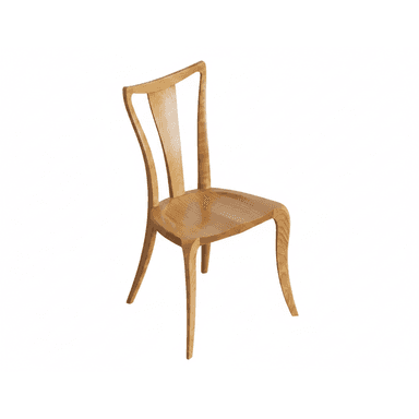 A modern, armless side chair crafted from light-toned wood, featuring a distinctively curved backrest and elegantly sculpted, splayed legs. — 3D model (AI enhanced source)