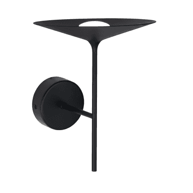 A modern wall-mounted lighting fixture featuring a circular backplate, a slender vertical arm, and a wide, shallow conical shade. The light source is an integrated LED, recessed within the shade, and the entire fixture is finished in a matte black. — 3D model (AI enhanced source)