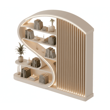 A modern, S-shaped bookshelf with multiple curved shelves, an integrated slatted wooden panel, and LED lighting along the inner edges of the shelves. It is presented in a light cream/beige color with natural wood accents. — 3D model (AI enhanced source)