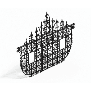 An ornate, black wrought iron gate with intricate scrollwork and decorative finials. The gate features two rectangular openings and is designed with a curved profile, suggesting it might be a section of a larger fence or an entranceway. — 3D model (AI enhanced source)
