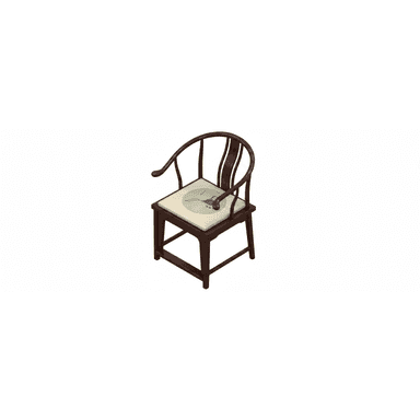 A traditional Chinese horseshoe-back armchair with a dark wood frame and an upholstered seat cushion featuring a subtle graphic design. — 3D model (AI enhanced source)