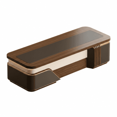 A sleek, elongated modern credenza or media console featuring dark wood veneer, a dark inset top panel, a light contrasting band, and metal trim accents, with integrated curvilinear supports and fluted detailing. — 3D model (AI enhanced source)