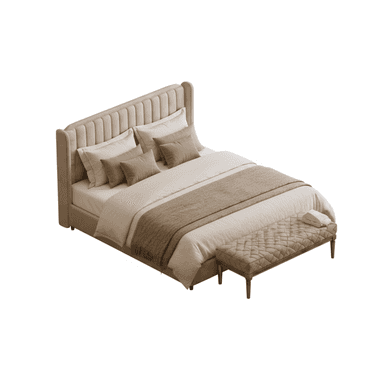 A contemporary upholstered bed featuring a tall, wingback headboard with vertical channel tufting. The bed frame is also upholstered in a matching neutral fabric. The bed is dressed with light-colored bedding and several pillows. A coordinating upholstered bench with a quilted top and slender legs is placed at the foot of the bed. — 3D model (AI enhanced source)
