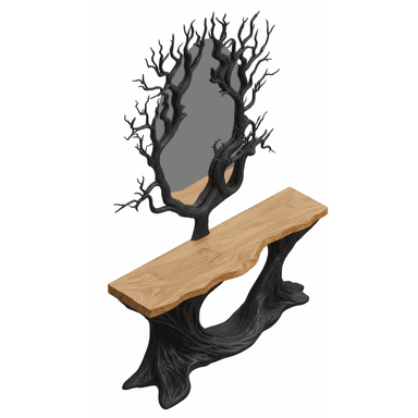 A sculptural vanity featuring a live-edge wooden top, supported by a dark, gnarled tree root-like base, and an integrated mirror framed by intricate, dark tree branches. — 3D model (AI enhanced source)