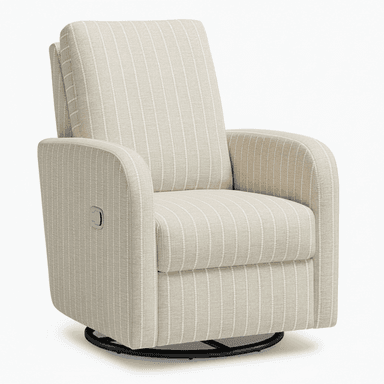 A contemporary upholstered recliner chair featuring a light beige fabric with subtle vertical off-white pinstripes. The chair has plush, rounded armrests and a high back. It sits on a dark, circular metal swivel base, allowing for 360-degree rotation. A silver-toned recline lever is visible on the right side of the chair, indicating its reclining functionality. The overall design is clean and modern, providing both comfort and versatile movement. — 3D model (AI enhanced source)