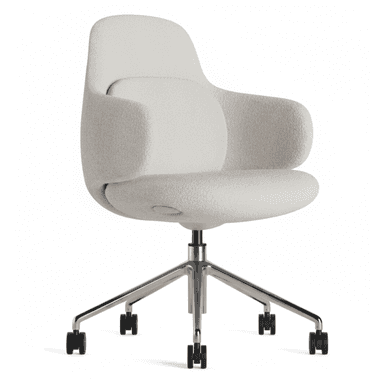 A contemporary upholstered office chair featuring a sleek, organic form factor and a five-star swivel base with casters. The chair is covered in an off-white bouclé fabric, providing a textured and soft appearance. Its design includes integrated armrests and a subtle lumbar support curvature, mounted on a polished metal base. — 3D model (AI enhanced source)