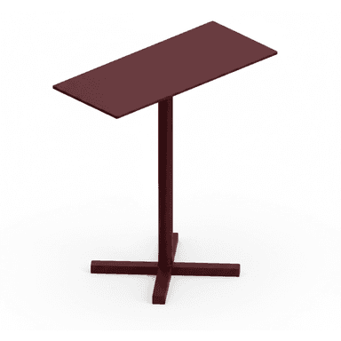 A minimalist C-table featuring a rectangular tabletop, a single central pedestal, and an X-shaped cross base. The entire structure is rendered in a uniform matte maroon finish, suggesting powder-coated metal construction. The design is sleek and monochromatic, emphasizing clean lines. — 3D model (AI enhanced source)