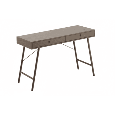 A contemporary desk with a rectangular top and two drawers. The desk features tapered legs and a minimalist design. The legs are made of metal and are angled outwards, connected by thin crossbars. The tabletop is a muted greyish-brown, and the drawer fronts have small, round handles. — 3D model (AI enhanced source)